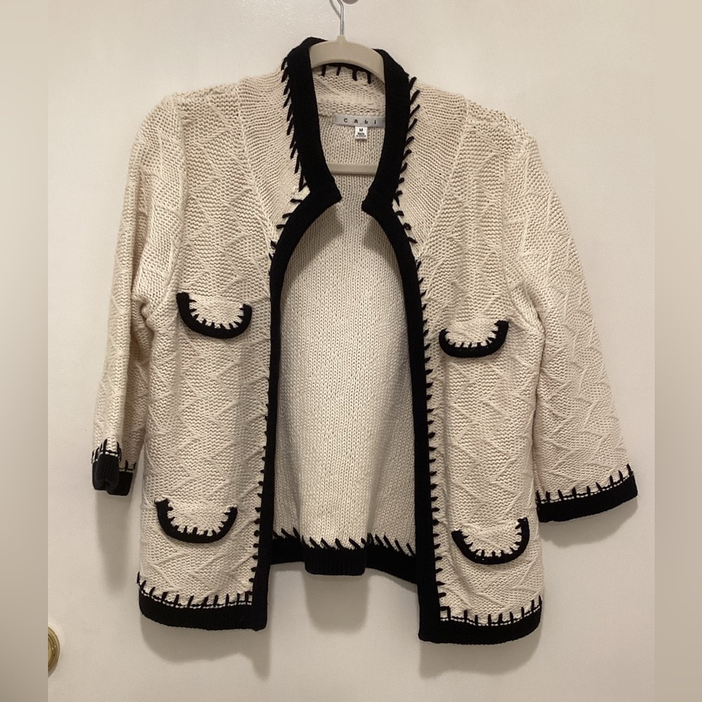 CAbi Women’s Socialite Knit Cardigan Sweater Sz M White Black Open Front
